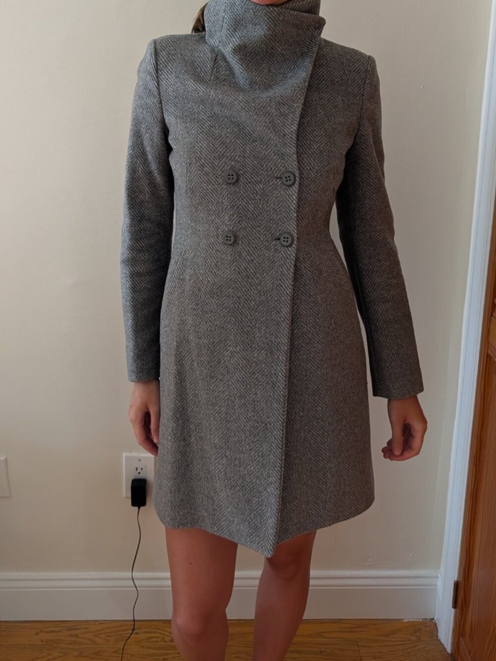 United Colors of Benetton Grey Herringbone Wool Coat Italian Size 40 US 4 Small - Picture 10 of 16